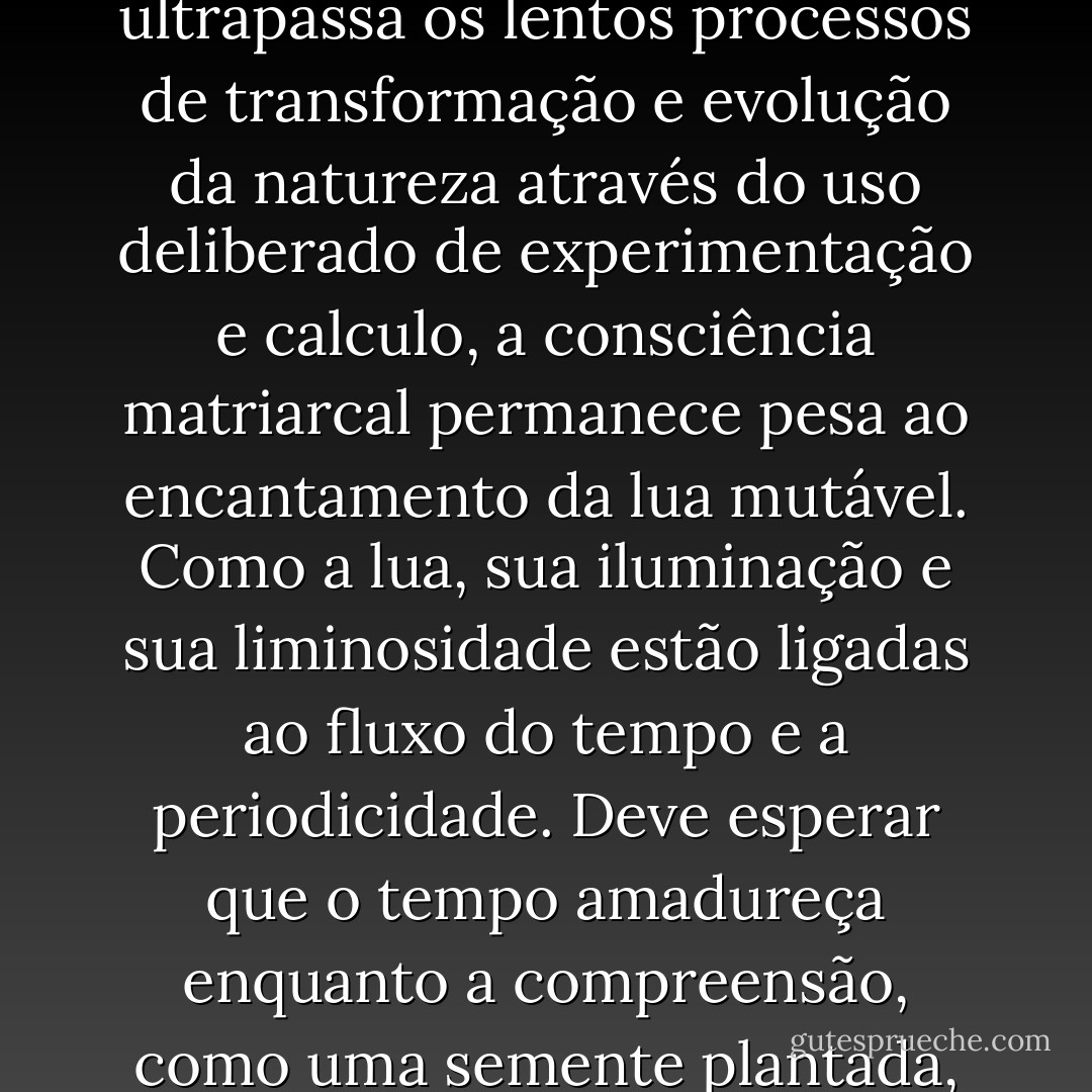 Enquanto a consciência patriarcal aniquila o tempo e ultrapassa os lentos processos de transformação e evolução da natureza através do uso deliberado de experimentação e calculo, a consciência matriarcal permanece pesa ao encantamento da lua mutável. Como a lua, sua iluminação e sua liminosidade estão ligadas ao fluxo do tempo e a periodicidade. Deve esperar que o tempo amadureça enquanto a compreensão, como uma semente plantada, também amadureça com ele. - Erich Neumann