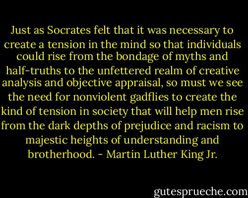 Just as Socrates felt that it was necessary to create a tension in the mind so that individuals could rise from the bondage of myths and half-truths to the unfettered realm of creative analysis and objective appraisal, so must we see the need for nonviolent gadflies to create the kind of tension in society that will help men rise from the dark depths of prejudice and racism to majestic heights of understanding and brotherhood. - Martin Luther King Jr.