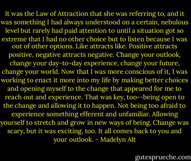 It was the Law of Attraction that she was referring to, and it was something I had always understood on a certain, nebulous level but rarely had paid attention to until a situation got so extreme that I had no other choice but to listen because I was out of other options. Like attracts like. Positive attracts positive, negative attracts negative. Change your outlook, change your day-to-day experience, change your future, change your world. Now that I was more conscious of it, I was working to enact it more into my life by making better choices and opening myself to the change that appeared for me to reach out and experience. That was key, too--being open to the change and allowing it to happen. Not being too afraid to experience something efferent and unfamiliar. Allowing yourself to stretch and grow in new ways of being. Change was scary, but it was exciting, too. It all comes back to you and your outlook. - Madelyn Alt