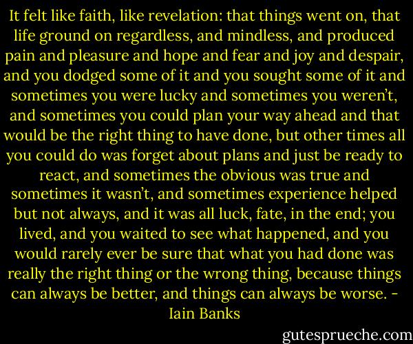 It felt like faith, like revelation: that things went on, that life ground on regardless, and mindless, and produced pain and pleasure and hope and fear and joy and despair, and you dodged some of it and you sought some of it and sometimes you were lucky<br />and sometimes you weren’t, and sometimes you could plan your way ahead and that would be the right thing to have done, but other times all you could do was forget about plans and just be ready to react, and sometimes the obvious was true and sometimes it<br />wasn’t, and sometimes experience helped but not always, and it was all luck, fate, in the end; you lived, and you waited to see what happened, and you would rarely ever be sure that what you had done was really the right thing or the wrong thing, because things can<br />always be better, and things can always be worse. - Iain Banks