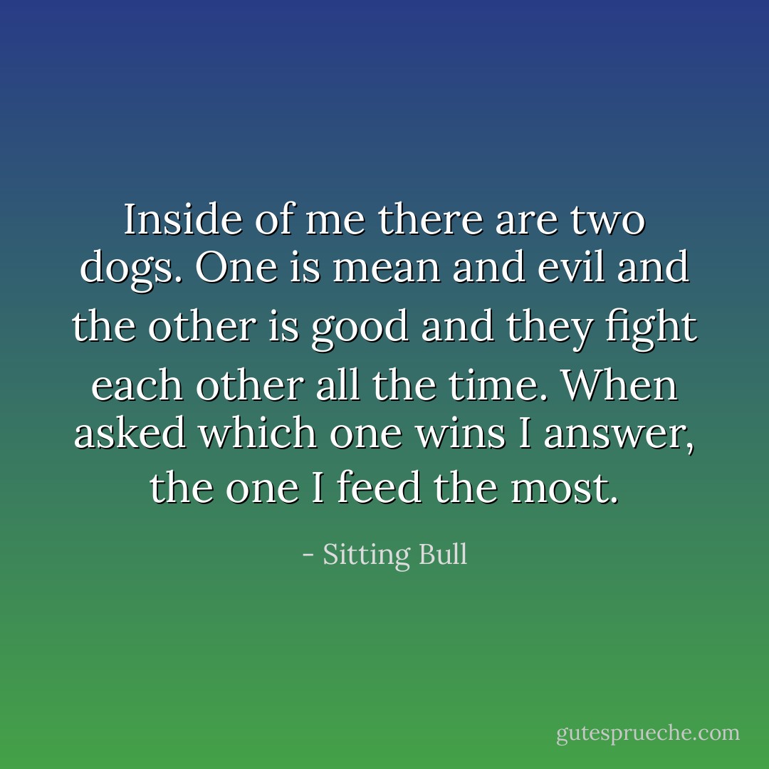 Inside of me there are two dogs. One is mean and evil and the other is good and they fight each other all the time. When asked which one wins I answer, the one I feed the most. - Sitting Bull