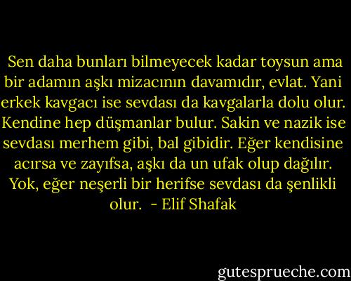  Sen daha bunları bilmeyecek kadar toysun ama bir adamın aşkı mizacının davamıdır, evlat. Yani erkek kavgacı ise sevdası da kavgalarla dolu olur. Kendine hep düşmanlar bulur. Sakin ve nazik ise sevdası merhem gibi, bal gibidir. Eğer kendisine acırsa ve zayıfsa, aşkı da un ufak olup dağılır. Yok, eğer neşerli bir herifse sevdası da şenlikli olur.  - Elif Shafak