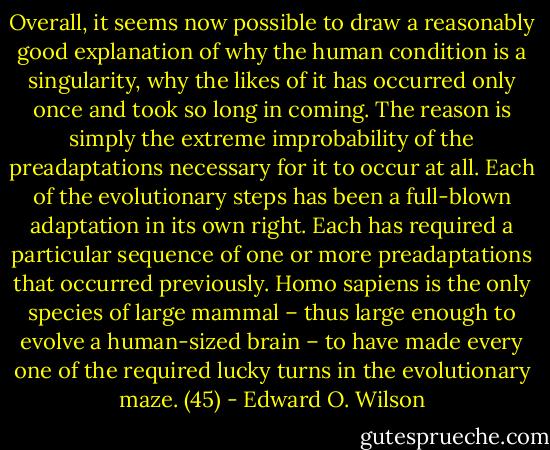 Overall, it seems now possible to draw a reasonably good explanation of why the human condition is a singularity, why the likes of it has occurred only once and took so long in coming. The reason is simply the extreme improbability of the preadaptations necessary for it to occur at all. Each of the evolutionary steps has been a full-blown adaptation in its own right. Each has required a particular sequence of one or more preadaptations that occurred previously. Homo sapiens is the only species of large mammal – thus large enough to evolve a human-sized brain – to have made every one of the required lucky turns in the evolutionary maze. (45) - Edward O. Wilson