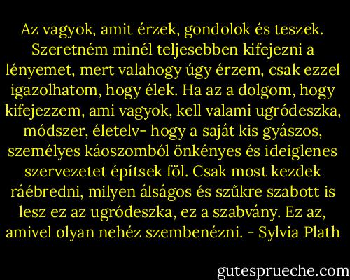 Az vagyok, amit érzek, gondolok és teszek. Szeretném minél teljesebben kifejezni a lényemet, mert valahogy úgy érzem, csak ezzel igazolhatom, hogy élek. Ha az a dolgom, hogy kifejezzem, ami vagyok, kell valami ugródeszka, módszer, életelv- hogy a saját kis gyászos, személyes káoszomból önkényes és ideiglenes szervezetet építsek föl. Csak most kezdek ráébredni, milyen álságos és szűkre szabott is lesz ez az ugródeszka, ez a szabvány. Ez az, amivel olyan nehéz szembenézni. - Sylvia Plath