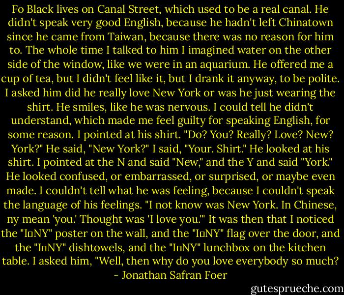 Fo Black lives on Canal Street, which used to be a real canal. He didn't speak very good English, because he hadn't left Chinatown since he came from Taiwan, because there was no reason for him to. The whole time I talked to him I imagined water on the other side of the window, like we were in an aquarium. He offered me a cup of tea, but I didn't feel like it, but I drank it anyway, to be polite. I asked him did he really love New York or was he just wearing the shirt. He smiles, like he was nervous. I could tell he didn't understand, which made me feel guilty for speaking English, for some reason. I pointed at his shirt. "Do? You? Really? Love? New? York?" He said, "New York?" I said, "Your. Shirt." He looked at his shirt. I pointed at the N and said "New," and the Y and said "York." He looked confused, or embarrassed, or surprised, or maybe even made. I couldn't tell what he was feeling, because I couldn't speak the language of his feelings. "I not know was New York. In Chinese, ny mean 'you.' Thought was 'I love you.'" It was then that I noticed the "I♥NY" poster on the wall, and the "I♥NY" flag over the door, and the "I♥NY" dishtowels, and the "I♥NY" lunchbox on the kitchen table. I asked him, "Well, then why do you love everybody so much? - Jonathan Safran Foer