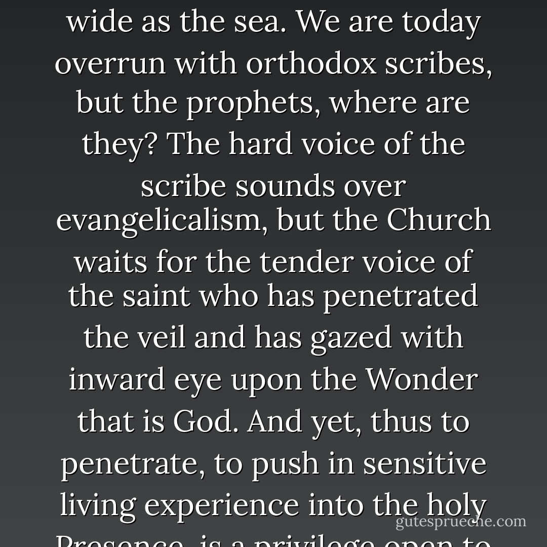 Between the scribe who has read and the prophet who has seen there is a difference as wide as the sea. We are today overrun with orthodox scribes, but the prophets, where are they? The hard voice of the scribe sounds over evangelicalism, but the Church waits for the tender voice of the saint who has penetrated the veil and has gazed with inward eye upon the Wonder that is God. And yet, thus to penetrate, to push in sensitive living experience into the holy Presence, is a privilege open to every child of God. - A.W. Tozer