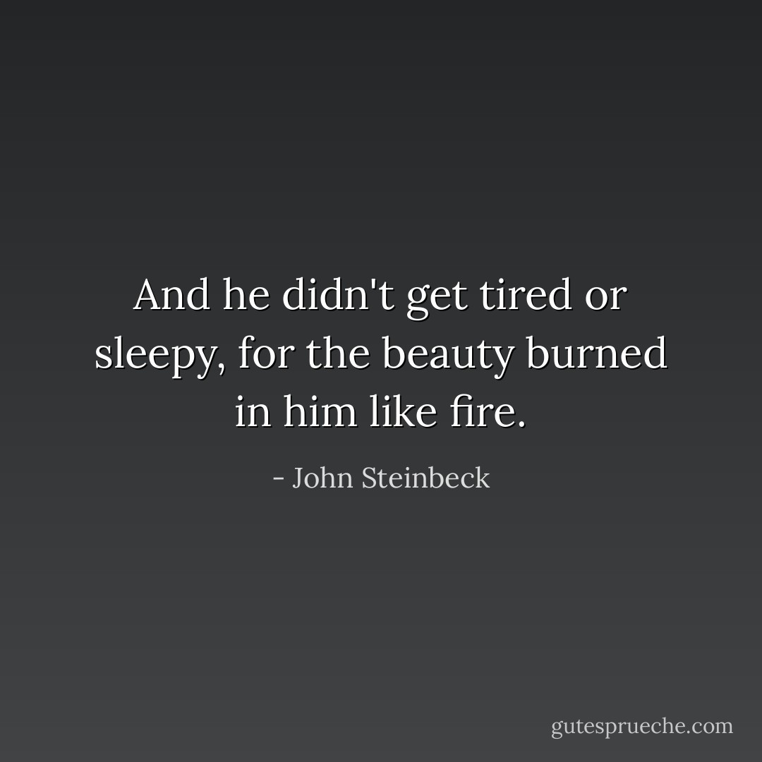 And he didn't get tired or sleepy, for the beauty burned in him like fire. - John Steinbeck