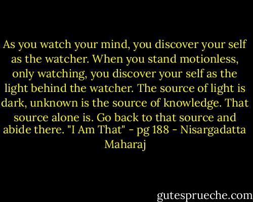As you watch your mind, you discover your self as the watcher. When you stand motionless, only watching, you discover your self as the light behind the watcher. The source of light is dark, unknown is the source of knowledge. That source alone is. Go back to that source and abide there.<br />"I Am That" - pg 188 - Nisargadatta Maharaj