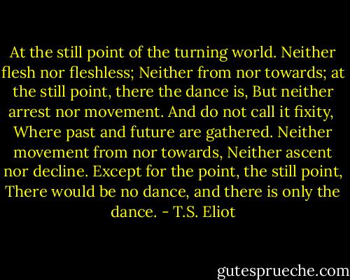 At the still point of the turning world. Neither flesh nor fleshless;<br />Neither from nor towards; at the still point, there the dance is,<br />But neither arrest nor movement. And do not call it fixity, <br />Where past and future are gathered. Neither movement from nor towards,<br />Neither ascent nor decline. Except for the point, the still point,<br />There would be no dance, and there is only the dance. - T.S. Eliot