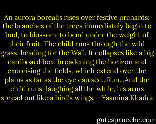 An aurora borealis rises over festive orchards; the branches of the trees immediately begin to bud, to blossom, to bend under the weight of their fruit. The child runs through the wild grass, heading for the Wall. It collapses like a big cardboard box, broadening the horizon and exorcising the fields, which extend over the plains as far as the eye can see...Run...And the child runs, laughing all the while, his arms spread out like a bird's wings. - Yasmina Khadra