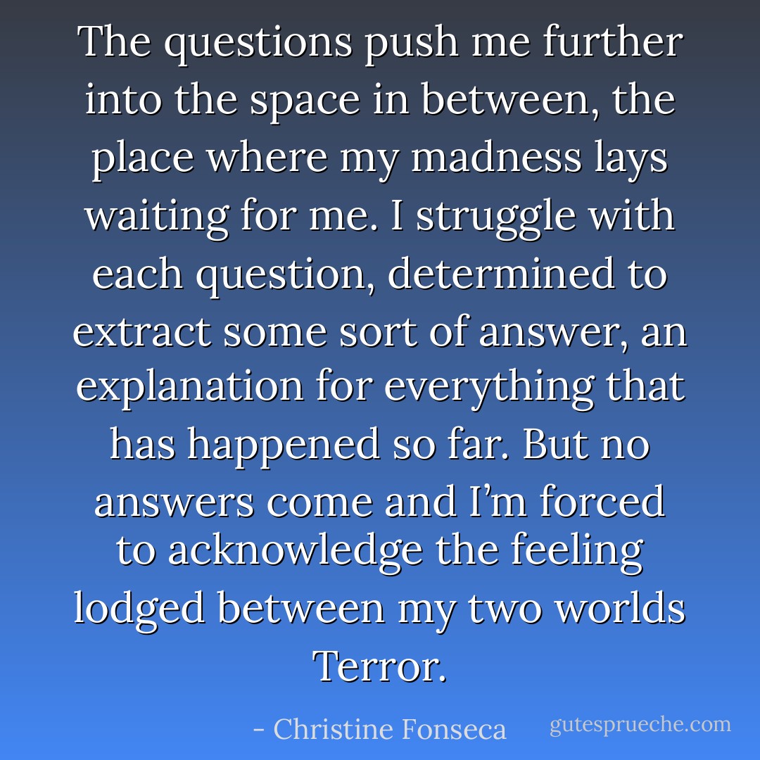 The questions push me further into the space in between, the place where my madness lays waiting for me. I struggle with each question, determined to extract some sort of answer, an explanation for everything that has happened so far. But no answers come and I’m forced to acknowledge the feeling lodged between my two worlds<br />Terror. - Christine Fonseca