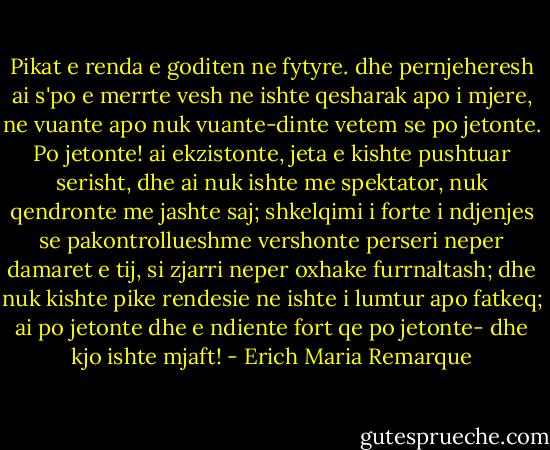 Pikat e renda e goditen ne fytyre. dhe pernjeheresh ai s'po e merrte vesh ne ishte qesharak apo i mjere, ne vuante apo nuk vuante-dinte vetem se po jetonte. Po jetonte! ai ekzistonte, jeta e kishte pushtuar serisht, dhe ai nuk ishte me spektator, nuk qendronte me jashte saj; shkelqimi i forte i ndjenjes se pakontrollueshme vershonte perseri neper damaret e tij, si zjarri neper oxhake furrnaltash; dhe nuk kishte pike rendesie ne ishte i lumtur apo fatkeq; ai po jetonte dhe e ndiente fort qe po jetonte- dhe kjo ishte mjaft! - Erich Maria Remarque