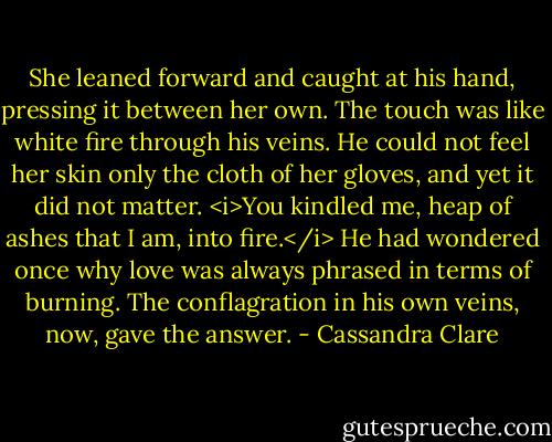 She leaned forward and caught at his hand, pressing it between her own. The touch was like white fire through his veins. He could not feel her skin only the cloth of her gloves, and yet it did not matter. <i>You kindled me, heap of ashes that I am, into fire.</i> He had wondered once why love was always phrased in terms of burning. The conflagration in his own veins, now, gave the answer. - Cassandra Clare