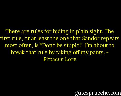 There are rules for hiding in plain sight. The first rule, or at least the one that Sandor repeats most often, is “Don’t be stupid.”<br /><br />I’m about to break that rule by taking off my pants. - Pittacus Lore
