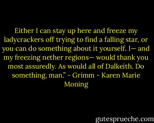 Either I can stay up here and freeze my ladycrackers off trying to find a falling star, or you can do something about it yourself. I— and my freezing nether regions— would thank you most assuredly. As would all of Dalkeith. Do something, man.” - Grimm - Karen Marie Moning