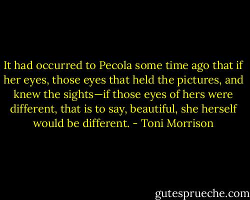 It had occurred to Pecola some time ago that if her eyes, those eyes that held the pictures, and knew the sights—if those eyes of hers were different, that is to say, beautiful, she herself would be different. - Toni Morrison