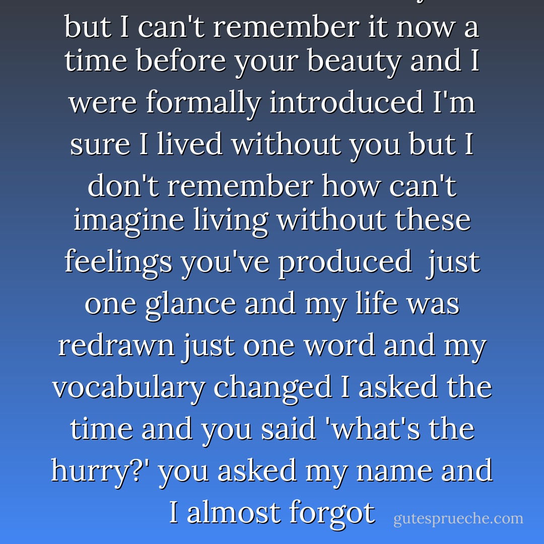 there was a time before you<br />but I can't remember it now<br />a time before your beauty and I<br />were formally introduced<br />I'm sure I lived without you<br />but I don't remember how<br />can't imagine living without<br />these feelings you've produced<br /><br />just one glance<br />and my life was redrawn<br />just one word<br />and my vocabulary changed<br />I asked the time<br />and you said 'what's the hurry?'<br />you asked my name<br />and I almost forgot - David Levithan