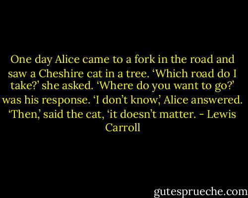 One day Alice came to a fork in the road and saw a Cheshire cat in a tree. ‘Which road do I take?’ she asked. ‘Where do you want to go?’ was his response. ‘I don’t know,’ Alice answered. ‘Then,’ said the cat, ‘it doesn’t matter. - Lewis Carroll