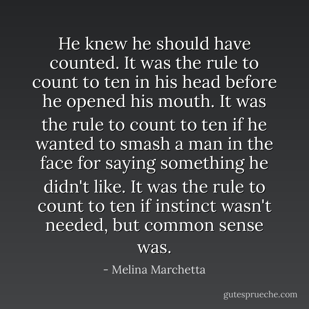 He knew he should have counted. It was the rule to count to ten in his head before he opened his mouth. It was the rule to count to ten if he wanted to smash a man in the face for saying something he didn't like. It was the rule to count to ten if instinct wasn't needed, but common sense was. - Melina Marchetta
