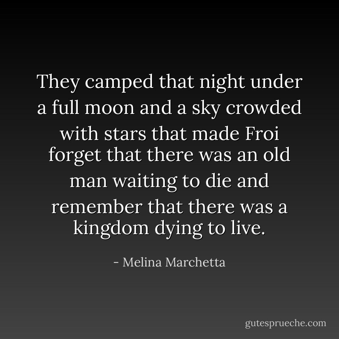 They camped that night under a full moon and a sky crowded with stars that made Froi forget that there was an old man waiting to die and remember that there was a kingdom dying to live. - Melina Marchetta
