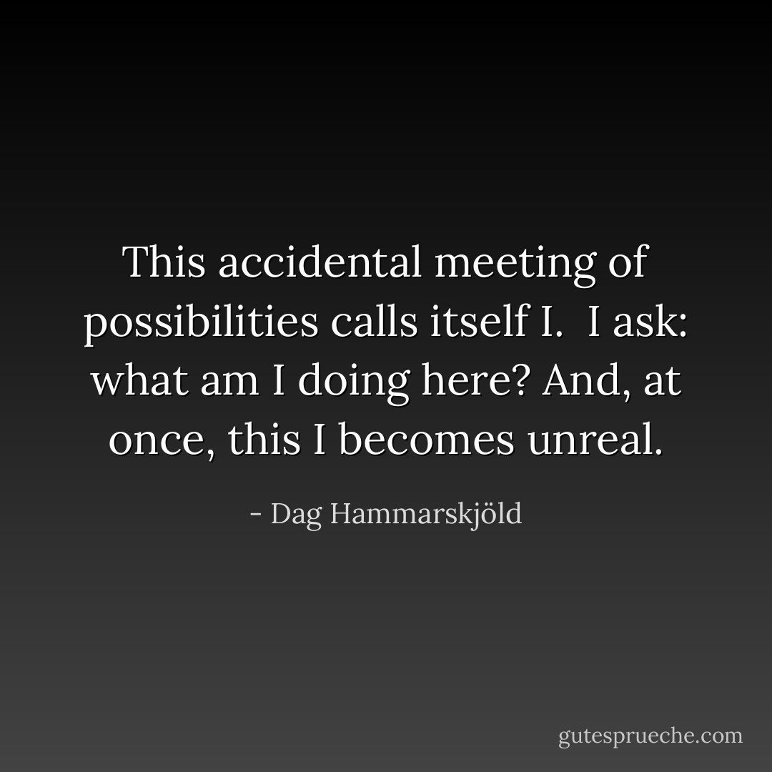 This accidental<br />meeting of possibilities<br />calls itself I.<br /><br />I ask: what am I doing here?<br />And, at once, this I<br />becomes unreal. - Dag Hammarskjöld