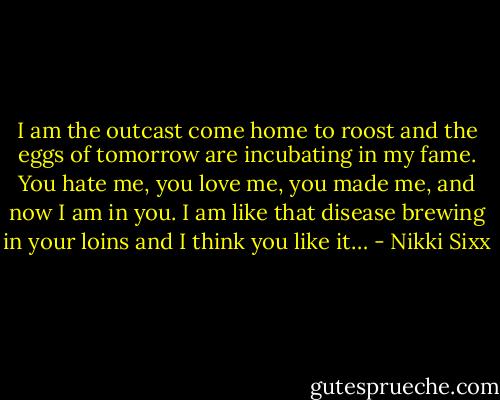 I am the outcast come home to roost and the eggs of tomorrow are incubating in my fame. You hate me, you love me, you made me, and now I am in you. I am like that disease brewing in your loins and I think you like it… - Nikki Sixx