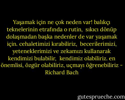 Yaşamak için ne çok neden var! balıkçı teknelerinin etrafında o rutin,<br /> sıkıcı dönüp dolaşmadan başka nedenler de var yaşamak için. cehaletimizi kırabiliriz, <br />becerilerimizi, yeteneklerimizi ve zekamızı kullanarak kendimizi bulabilir,<br /> kendimiz olabiliriz. en önemlisi, özgür olabiliriz, uçmayı öğrenebiliriz - Richard Bach