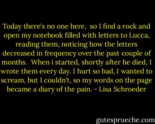 Today there's no one here, <br />so I find a rock and open my notebook<br />filled with letters to Lucca,<br />reading them,<br />noticing how the letters<br />decreased in frequency<br />over the past couple of months.<br /><br />When i started,<br />shortly after he died,<br />I wrote them every day.<br />I hurt so bad, I wanted to scream,<br />but I couldn't,<br />so my words on the page<br />became a diary of the pain. - Lisa Schroeder