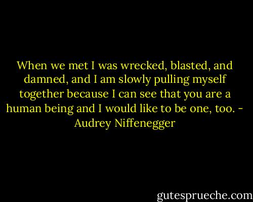When we met I was wrecked, blasted, and damned, and I am slowly pulling myself together because I can see that you are a human being and I would like to be one, too. - Audrey Niffenegger