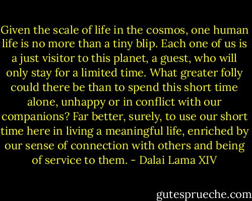 Given the scale of life in the cosmos, one human life is no more than a tiny blip. Each one of us is a just visitor to this planet, a guest, who will only stay for a limited time. What greater folly could there be than to spend this short time alone, unhappy or in conflict with our companions? Far better, surely, to use our short time here in living a meaningful life, enriched by our sense of connection with others and being of service to them. - Dalai Lama XIV