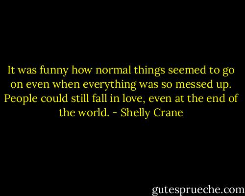 It was funny how normal things seemed to go on even when everything was so messed up. People could still fall in love, even at the end of the world. - Shelly Crane