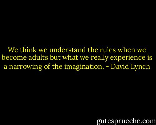 We think we understand the rules when we become adults but what we really experience is a narrowing of the imagination. - David Lynch