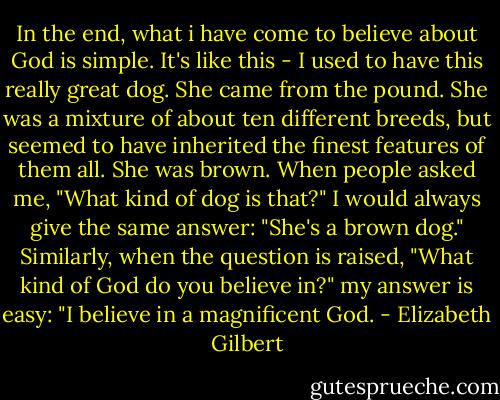 In the end, what i have come to believe about God is simple. It's like this - I used to have this really great dog. She came from the pound. She was a mixture of about ten different breeds, but seemed to have inherited the finest features of them all. She was brown. When people asked me, "What kind of dog is that?" I would always give the same answer: "She's a brown dog." Similarly, when the question is raised, "What kind of God do you believe in?" my answer is easy: "I believe in a magnificent God. - Elizabeth Gilbert
