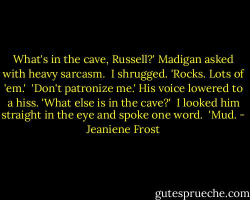 What's in the cave, Russell?' Madigan asked with heavy sarcasm.<br /><br />I shrugged. 'Rocks. Lots of 'em.'<br /><br />'Don't patronize me.' His voice lowered to a hiss. 'What else is in the cave?'<br /><br />I looked him straight in the eye and spoke one word.<br /><br />'Mud. - Jeaniene Frost