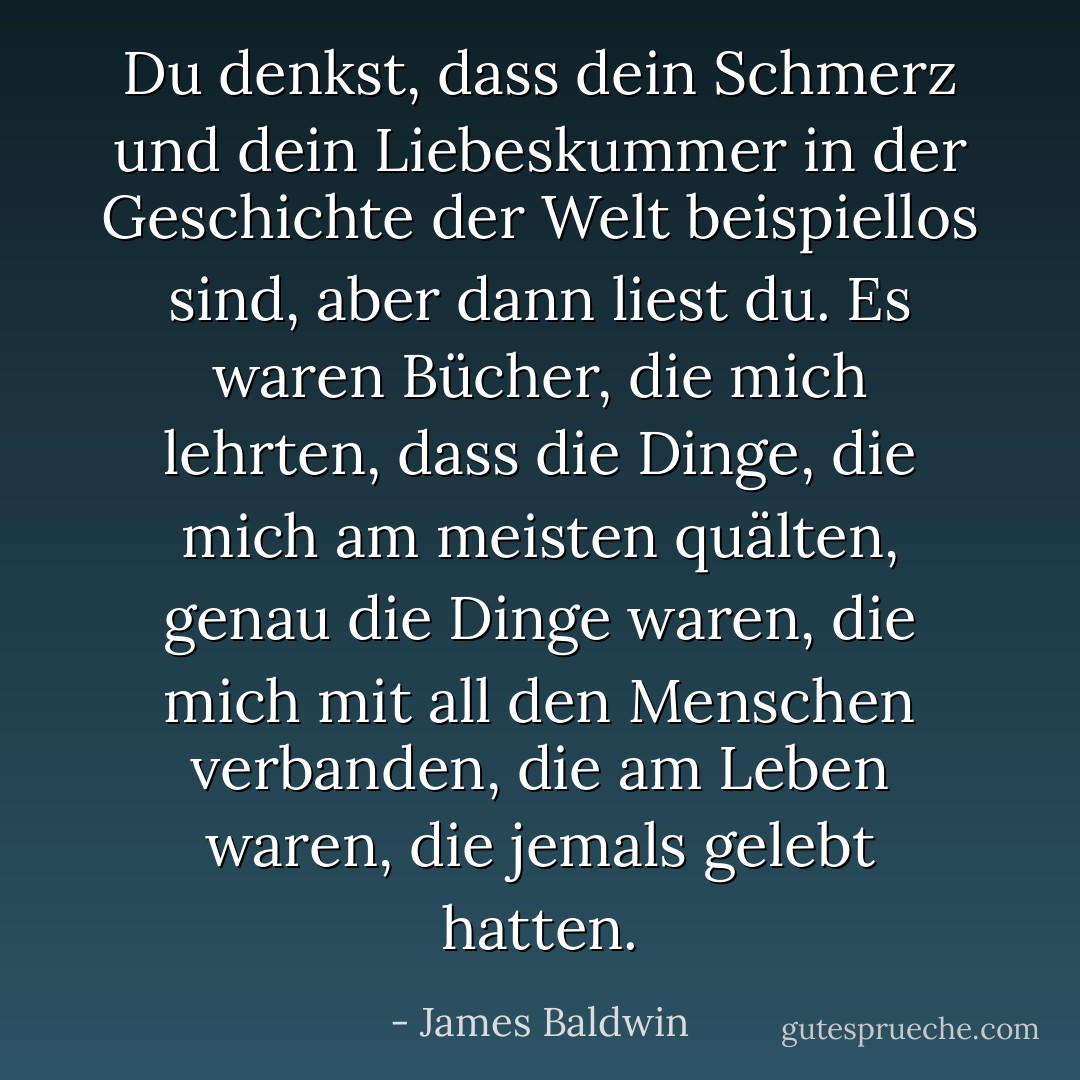 Du denkst, dass dein Schmerz und dein Liebeskummer in der Geschichte der Welt beispiellos sind, aber dann liest du. Es waren Bücher, die mich lehrten, dass die Dinge, die mich am meisten quälten, genau die Dinge waren, die mich mit all den Menschen verbanden, die am Leben waren, die jemals gelebt hatten. - James Baldwin<