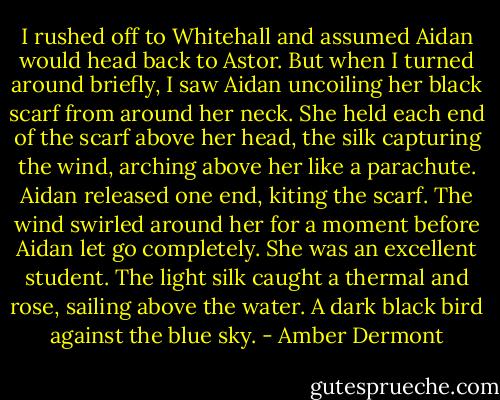 I rushed off to Whitehall and assumed Aidan would head back to Astor. But when I turned around briefly, I saw Aidan uncoiling her black scarf from around her neck. She held each end of the scarf above her head, the silk capturing the wind, arching above her like a parachute. Aidan released one end, kiting the scarf. The wind swirled around her for a moment before Aidan let go completely. She was an excellent student. The light silk caught a thermal and rose, sailing above the water. A dark black bird against the blue sky. - Amber Dermont