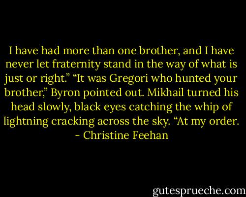I have had more than one brother, and I have never let fraternity stand in the way of what is just or right.”<br />“It was Gregori who hunted your brother,” Byron pointed out.<br />Mikhail turned his head slowly, black eyes catching the whip of lightning cracking across the sky. “At my order. - Christine Feehan