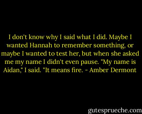 I don't know why I said what I did. Maybe I wanted Hannah to remember something, or maybe I wanted to test her, but when she asked me my name I didn't even pause. "My name is Aidan," I said. "It means fire. - Amber Dermont
