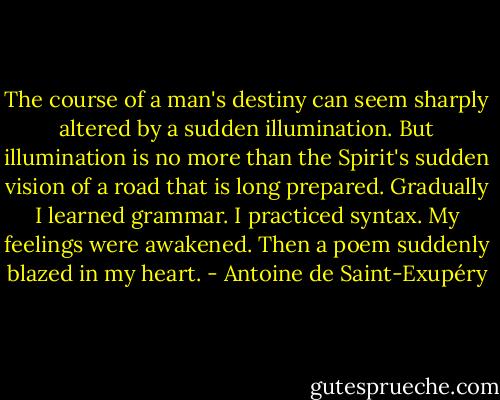 The course of a man's destiny can seem sharply altered by a sudden illumination. But illumination is no more than the Spirit's sudden vision of a road that is long prepared. Gradually I learned grammar. I practiced syntax. My feelings were awakened. Then a poem suddenly blazed in my heart. - Antoine de Saint-Exupéry