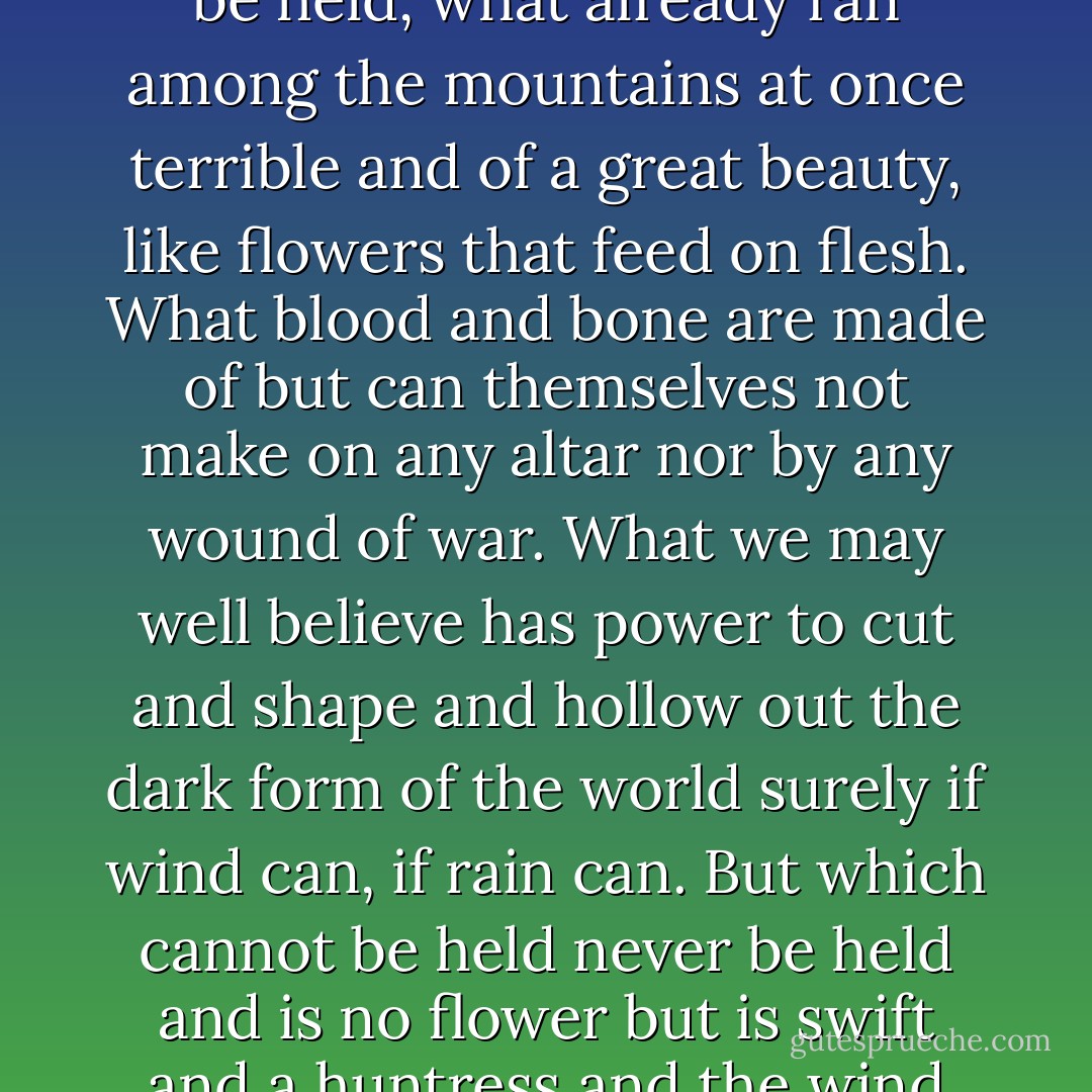 He took up her stiff head out of the leaves and held it or he reached to hold what cannot be held, what already ran among the mountains at once terrible and of a great beauty, like flowers that feed on flesh. What blood and bone are made of but can themselves not make on any altar nor by any wound of war. What we may well believe has power to cut and shape and hollow out the dark form of the world surely if wind can, if rain can. But which cannot be held never be held and is no flower but is swift and a huntress and the wind itself is in terror of it and the world cannot lose it. - Cormac McCarthy