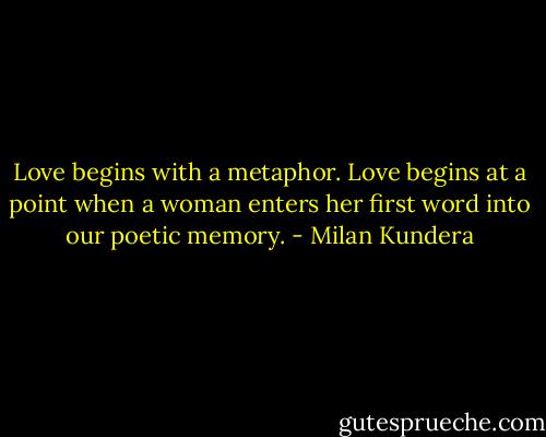 Love begins with a metaphor. Love begins at a point when a woman enters her first word into our poetic memory. - Milan Kundera