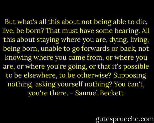 But what's all this about not being able to die, live, be born? That must have some bearing. All this about staying where you are, dying, living, being born, unable to go forwards or back, not knowing where you came from, or where you are, or where you're going, or that it's possible to be elsewhere, to be otherwise? Supposing nothing, asking yourself nothing? You can't, you're there. - Samuel Beckett