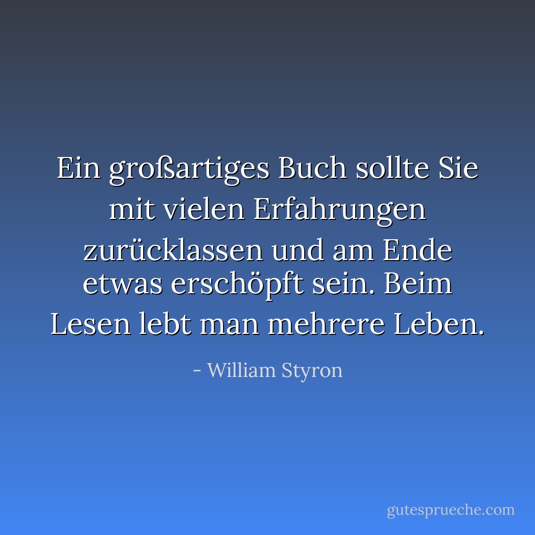 Ein großartiges Buch sollte Sie mit vielen Erfahrungen zurücklassen und am Ende etwas erschöpft sein. Beim Lesen lebt man mehrere Leben. - William Styron<