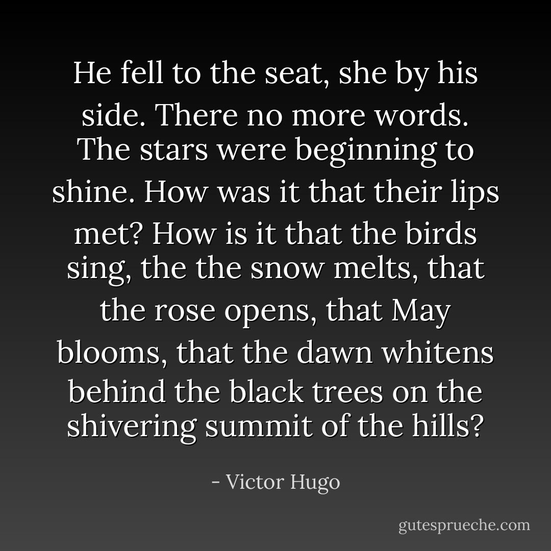 He fell to the seat, she by his side. There no more words. The stars were beginning to shine. How was it that their lips met? How is it that the birds sing, the the snow melts, that the rose opens, that May blooms, that the dawn whitens behind the black trees on the shivering summit of the hills? - Victor Hugo