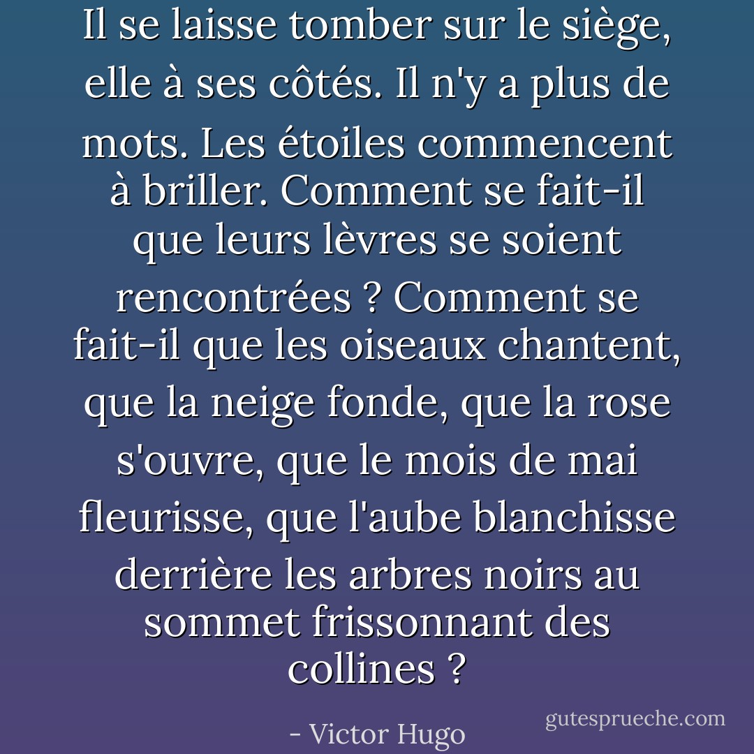 Il se laisse tomber sur le siège, elle à ses côtés. Il n'y a plus de mots. Les étoiles commencent à briller. Comment se fait-il que leurs lèvres se soient rencontrées ? Comment se fait-il que les oiseaux chantent, que la neige fonde, que la rose s'ouvre, que le mois de mai fleurisse, que l'aube blanchisse derrière les arbres noirs au sommet frissonnant des collines ? - Victor Hugo