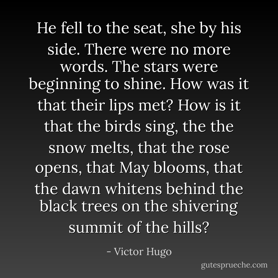He fell to the seat, she by his side. There were no more words. The stars were beginning to shine. How was it that their lips met? How is it that the birds sing, the the snow melts, that the rose opens, that May blooms, that the dawn whitens behind the black trees on the shivering summit of the hills? - Victor Hugo