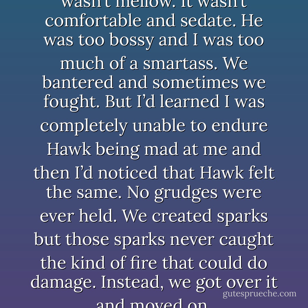 Our relationship wasn’t easy. It wasn’t mellow. It wasn’t comfortable and sedate. He was too bossy and I was too much of a smartass. We bantered and sometimes we fought. But I’d learned I was completely unable to endure Hawk being mad at me and then I’d noticed that Hawk felt the same. No grudges were ever held. We created sparks but those sparks never caught the kind of fire that could do damage. Instead, we got over it and moved on. - Kristen Ashley