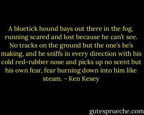 A bluetick hound bays out there in the fog, running scared and lost because he can’t see. No tracks on the ground but the one’s he’s making, and he sniffs in every direction with his cold red-rubber nose and picks up no scent but his own fear, fear burning down into him like steam. - Ken Kesey
