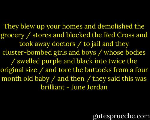 They blew up your homes and demolished the grocery / stores and blocked the Red Cross and took away doctors / to jail and they cluster-bombed girls and boys / whose bodies / swelled purple and black into twice the original size / and tore the buttocks from a four month old baby / and then / they said this was brilliant - June Jordan