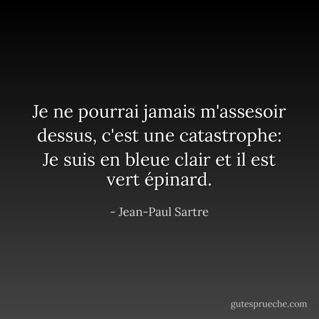 Je ne pourrai jamais m'assesoir dessus, c'est une catastrophe: Je suis en bleue clair et il est vert épinard. - Jean-Paul Sartre
